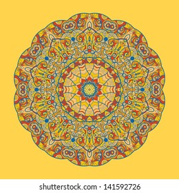 Oriental mandala motif round lase pattern on the yellow background, like snowflake or mehndi paint of orange color. Ethnic backgrounds concept. Hand drawn mandala. Round ornament with place for text