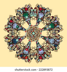 Oriental mandala motif round lase pattern, like snowflake or mehndi paint of vibrant color