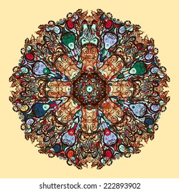 Oriental mandala motif round lase pattern, like snowflake or mehndi paint of vibrant color