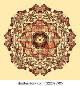 Oriental mandala motif round lase pattern, like snowflake or mehndi paint of vibrant color