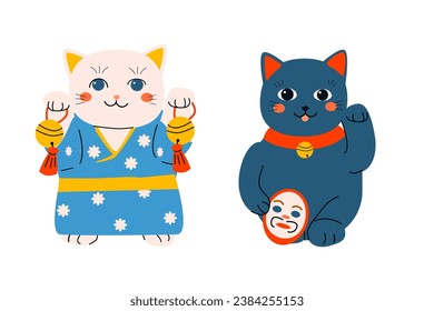 oriental maneki neko cat - set of two cartoon cats