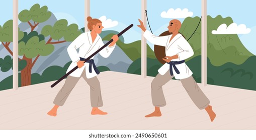 Oriental martial art. Karate fighters sparring. Athletes in kimonos train in nature. Taichi workout. Wushu hit exercises with staves. Judo fighting competition. Garish