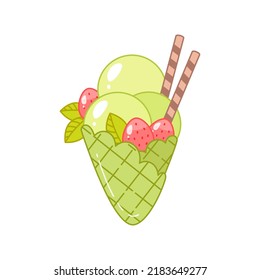 Oriental matcha green tea dessert. Flat cartoon illustration of a waffle cone with ice cream isolated on a white background. Vector 10 EPS.
