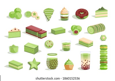 Oriental matcha green tea, sweet dessert menu assortment. Herbal east bubble tea cocktail, macaroon, cupcake, roll, cookie delicatessen confectionery vector illustration isolated on white background