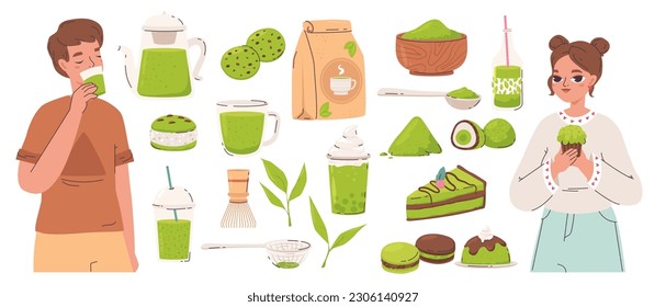 Oriental matcha tea, macarons and cakes from green powder. Teens drinking and eating desserts. Cartoon organic japanese food, snugly vector clipart