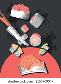 orientalische Speisekarte, Sushi und Messer
