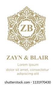 oriental monogram, mandala like, gold wedding invitation card template