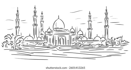 oriental mosque skyline vector with domes and minarets, hand drawn black and white line art illustration