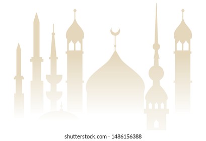 Oriental mosque tower silhouette background with church dome and ornate minaret outlines, beige subtle gradient mist effect for Arab or Muslim religious backdrop - vector illustration