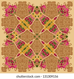 Oriental motif square lase pattern on the brown background, like snowflake or mehndi paint color background