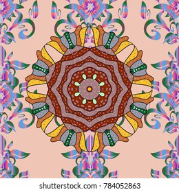 Oriental motifs. Colored Mandala. Spiritual and ritual symbol of Islam, Arabic, Indian religions. Round Ornament Pattern on a beige, neutral and blue colors. Vector geometric circle elements.