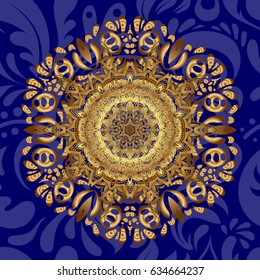 Oriental motifs. Round Ornament Pattern on a blue background. Spiritual and ritual symbol of Islam, Arabic, Indian religions. Vector geometric circle elements. Golden Mandala.