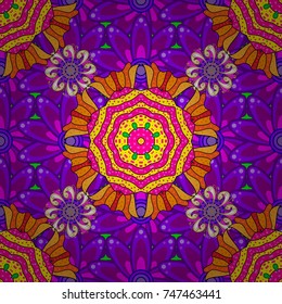 Oriental motifs. Round Ornament Pattern on a purple, violet and magenta colors. Colored Mandala. Spiritual and ritual symbol of Islam, Arabic, Indian religions. Vector geometric circle elements.