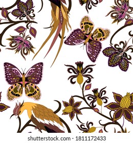 Oriental motives. Seamless pattern with beautiful ethnic flowers, bird and butterly. Floral decoration. Traditional paisley pattern. Textile design texture.Tribal ethnic vintage seamless pattern.