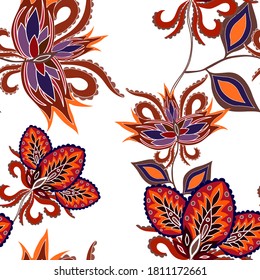 Oriental motives. Seamless pattern with beautiful ethnic flowers and paisley. Floral decoration. Traditional paisley pattern. Textile design texture.Tribal ethnic vintage seamless pattern.
