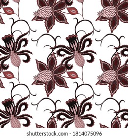 Oriental motives. Seamless pattern with beautiful ethnic flowers and paisley. Floral decoration. Traditional paisley pattern. Textile design texture.Tribal ethnic vintage seamless pattern.