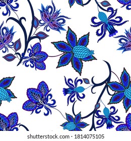 Oriental motives. Seamless pattern with beautiful ethnic flowers and paisley. Floral decoration. Traditional paisley pattern. Textile design texture.Tribal ethnic vintage seamless pattern.
