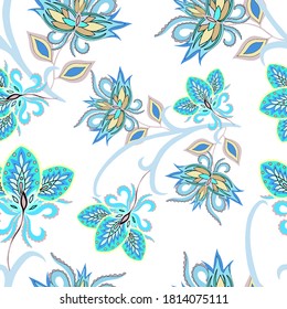 Oriental motives. Seamless pattern with beautiful ethnic flowers and paisley. Floral decoration. Traditional paisley pattern. Textile design texture.Tribal ethnic vintage seamless pattern.