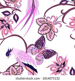 Oriental motives. Seamless pattern with beautiful ethnic flowers, bird and butterly. Floral decoration. Traditional paisley pattern. Textile design texture.Tribal ethnic vintage seamless pattern.