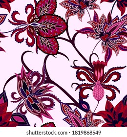 Motivos orientales. Patrón sin foco con hermosas flores étnicas y paisley. Decoración floral. Patrón tradicional de paisajes. Textil de diseño textil.Patrón inmaterial tribal étnico.