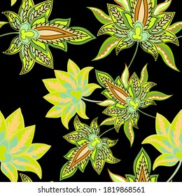 Oriental motives. Seamless pattern with beautiful ethnic flowers and paisley. Floral decoration. Traditional paisley pattern. Textile design texture.Tribal ethnic vintage seamless pattern.