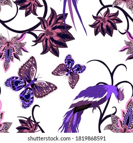 Oriental motives. Seamless pattern with beautiful ethnic flowers, bird and butterly. Floral decoration. Traditional paisley pattern. Textile design texture.Tribal ethnic vintage seamless pattern.