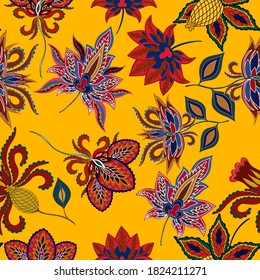 Oriental motives. Seamless pattern with beautiful ethnic flowers and paisley. Floral decoration. Traditional paisley pattern. Textile design texture.Tribal ethnic vintage seamless pattern.