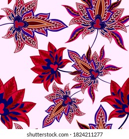 Oriental motives. Seamless pattern with beautiful ethnic flowers and paisley. Floral decoration. Traditional paisley pattern. Textile design texture.Tribal ethnic vintage seamless pattern.