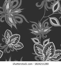 Motivos orientales. Patrón sin foco con hermosas flores étnicas y paisley. Decoración floral. Patrón tradicional de paisajes. Textil de diseño textil.Patrón inmaterial tribal étnico.