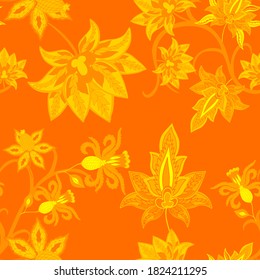 Oriental motives. Seamless pattern with beautiful ethnic flowers and paisley. Floral decoration. Traditional paisley pattern. Textile design texture.Tribal ethnic vintage seamless pattern.