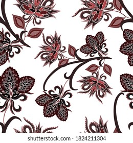 Oriental motives. Seamless pattern with beautiful ethnic flowers and paisley. Floral decoration. Traditional paisley pattern. Textile design texture.Tribal ethnic vintage seamless pattern.