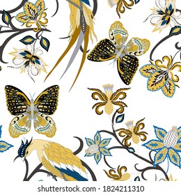 Oriental motives. Seamless pattern with beautiful ethnic flowers, bird and butterly. Floral decoration. Traditional paisley pattern. Textile design texture.Tribal ethnic vintage seamless pattern.