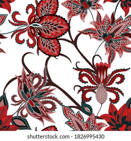 Oriental motives. Seamless pattern with beautiful ethnic flowers and paisley. Floral decoration. Traditional paisley pattern. Textile design texture.Tribal ethnic vintage seamless pattern.