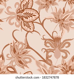 Oriental motives. Seamless pattern with beautiful ethnic flowers and paisley. Floral decoration. Traditional paisley pattern. Textile design texture.Tribal ethnic vintage seamless pattern.