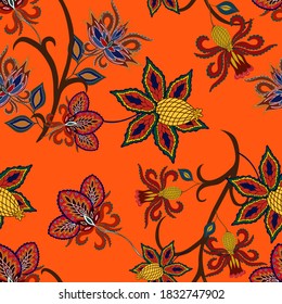 Oriental motives. Seamless pattern with beautiful ethnic flowers and paisley. Floral decoration. Traditional paisley pattern. Textile design texture.Tribal ethnic vintage seamless pattern.