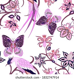 Orientalische Motive. Nahtlose Muster mit schönen ethnischen Blumen, Vogel und Schmetterling. Blumendekoration. Traditionelles Paisley-Muster. Textile Design Textur.Stamm ethnische Vintage nahtlose Muster.