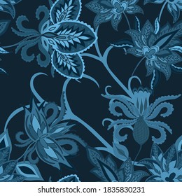 Oriental motives. Seamless pattern with beautiful ethnic flowers and paisley. Floral decoration. Traditional paisley pattern. Textile design texture.Tribal ethnic vintage seamless pattern.