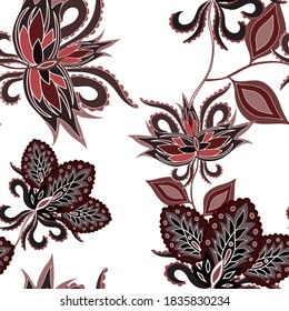 Oriental motives. Seamless pattern with beautiful ethnic flowers and paisley. Floral decoration. Traditional paisley pattern. Textile design texture.Tribal ethnic vintage seamless pattern.
