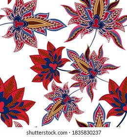 Oriental motives. Seamless pattern with beautiful ethnic flowers and paisley. Floral decoration. Traditional paisley pattern. Textile design texture.Tribal ethnic vintage seamless pattern.