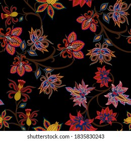 Oriental motives. Seamless pattern with beautiful ethnic flowers and paisley. Floral decoration. Traditional paisley pattern. Textile design texture.Tribal ethnic vintage seamless pattern.