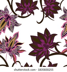 Oriental motives. Seamless pattern with beautiful ethnic flowers and paisley. Floral decoration. Traditional paisley pattern. Textile design texture.Tribal ethnic vintage seamless pattern.
