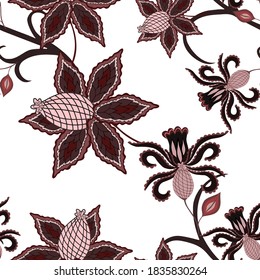 Oriental motives. Seamless pattern with beautiful ethnic flowers and paisley. Floral decoration. Traditional paisley pattern. Textile design texture.Tribal ethnic vintage seamless pattern.
