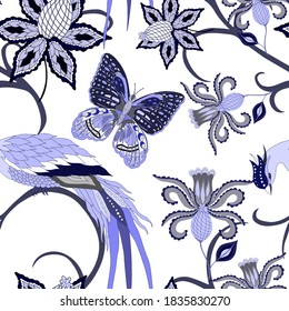 Motivos orientales. Patrón sin foco con hermosas flores étnicas, pájaro y marisco. Decoración floral. Patrón tradicional de paisajes. Textil de diseño textil.Patrón inmaterial tribal étnico.