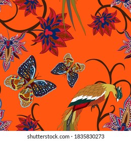 Oriental motives. Seamless pattern with beautiful ethnic flowers, bird and butterly. Floral decoration. Traditional paisley pattern. Textile design texture.Tribal ethnic vintage seamless pattern.