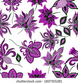 Oriental motives. Seamless pattern with beautiful ethnic flowers and paisley. Floral decoration. Traditional paisley pattern. Textile design texture.Tribal ethnic vintage seamless pattern.
