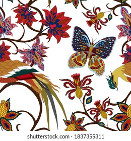 Oriental motives. Seamless pattern with beautiful ethnic flowers, bird and butterly. Floral decoration. Traditional paisley pattern. Textile design texture.Tribal ethnic vintage seamless pattern.