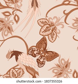 Oriental motives. Seamless pattern with beautiful ethnic flowers, bird and butterly. Floral decoration. Traditional paisley pattern. Textile design texture.Tribal ethnic vintage seamless pattern.
