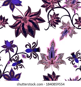 Oriental motives. Seamless pattern with beautiful ethnic flowers and paisley. Floral decoration. Traditional paisley pattern. Textile design texture.Tribal ethnic vintage seamless pattern.	