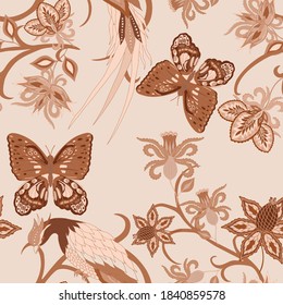 Oriental motives. Seamless pattern with beautiful ethnic flowers, bird and butterly. Floral decoration. Traditional paisley pattern. Textile design texture.Tribal ethnic vintage seamless pattern.	