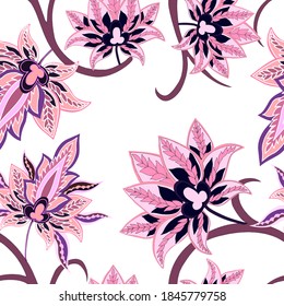 Oriental motives. Seamless pattern with beautiful ethnic flowers and paisley. Floral decoration. Traditional paisley pattern. Textile design texture.Tribal ethnic vintage seamless pattern.	